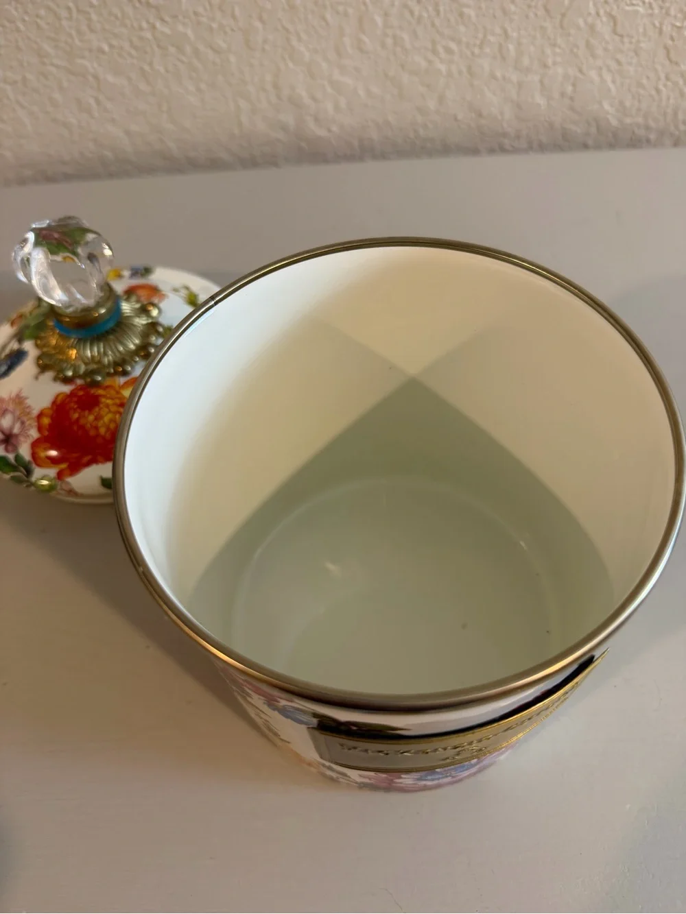 MacKenzie-Childs Small Canister White Floral Market with HTF Blue Ring